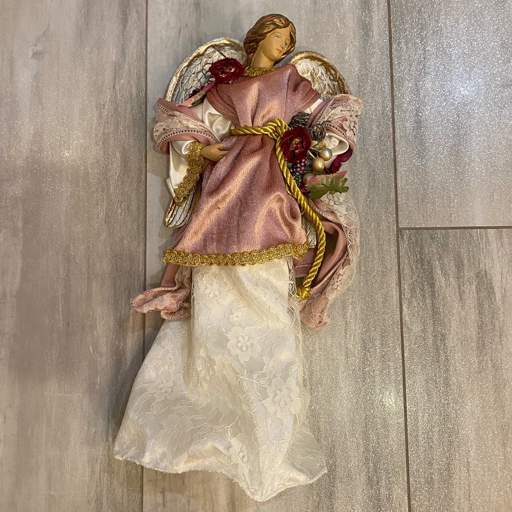 Vintage Victorian Style Christmas Tree Topper Pink, Gold and White Angel